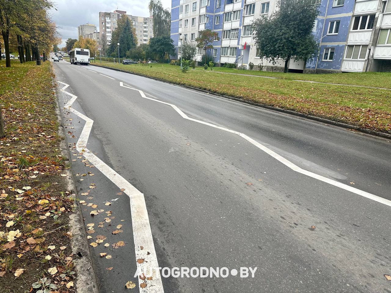 зигзагообразная экспериментальная разметка в Гродно на улице Лиможа
