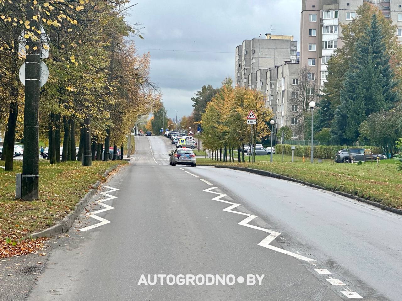 зигзагообразная экспериментальная разметка в Гродно на улице Лиможа