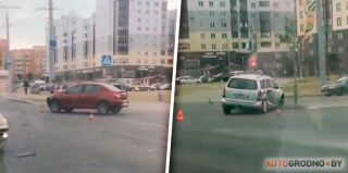 Рано утром на пустынном перекрестке в Гродно жестко столкнулись легковушки. Есть видео ДТП